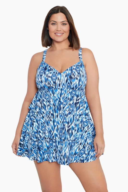 Plus Size Long Torso Triple Tier Swim Dress - Ikats Meow sold by Longitude