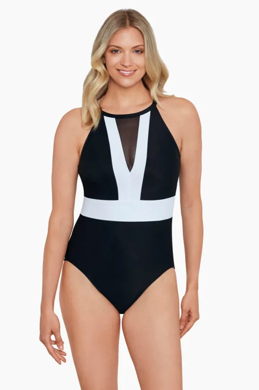 Meshed Up High Neck Mesh Insert Mio One Piece - Black/White sold by Longitude