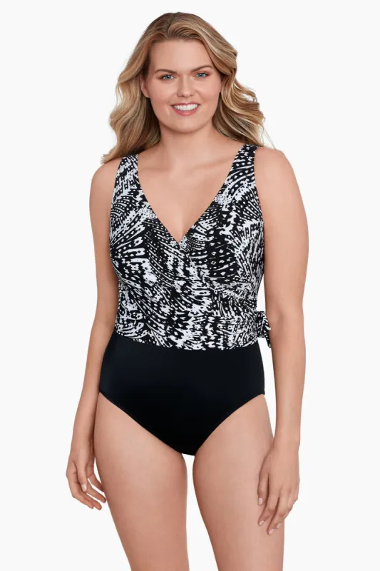 Flutter Side Tie Draped Surplice Long Torso Swimsuit sold by Longitude