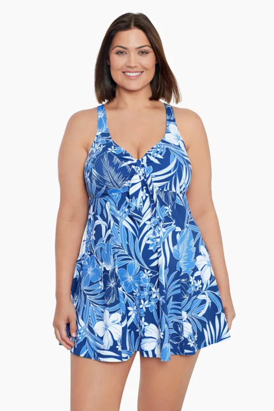 Plus Size Bow Front One Piece Swim Dress In My Blues sold by Longitude