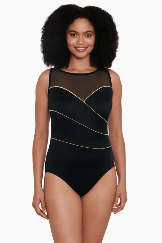 Long Torso Mesh Highneck One Piece - Piping The Wave sold by Longitude