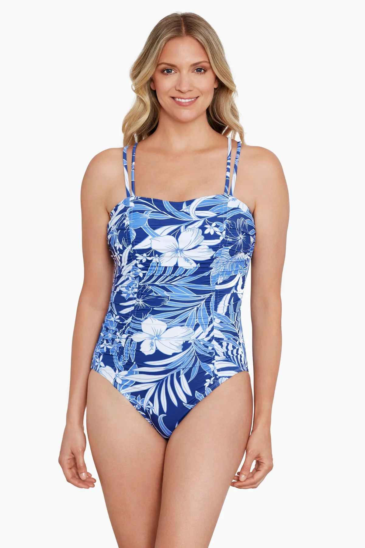 Shirred Double Strap One Piece Swimsuit In My Blues sold by Longitude
