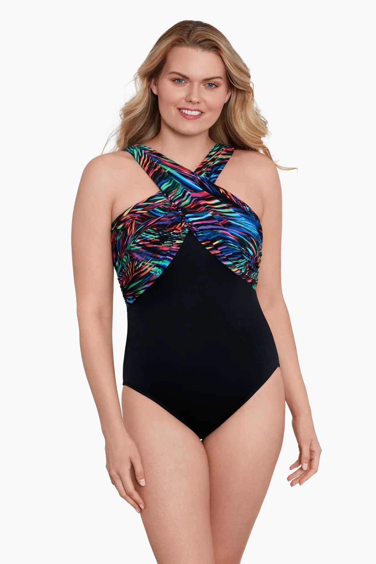 Long Torso Crossover Draped One Piece - Rainbow Glow sold by Longitude