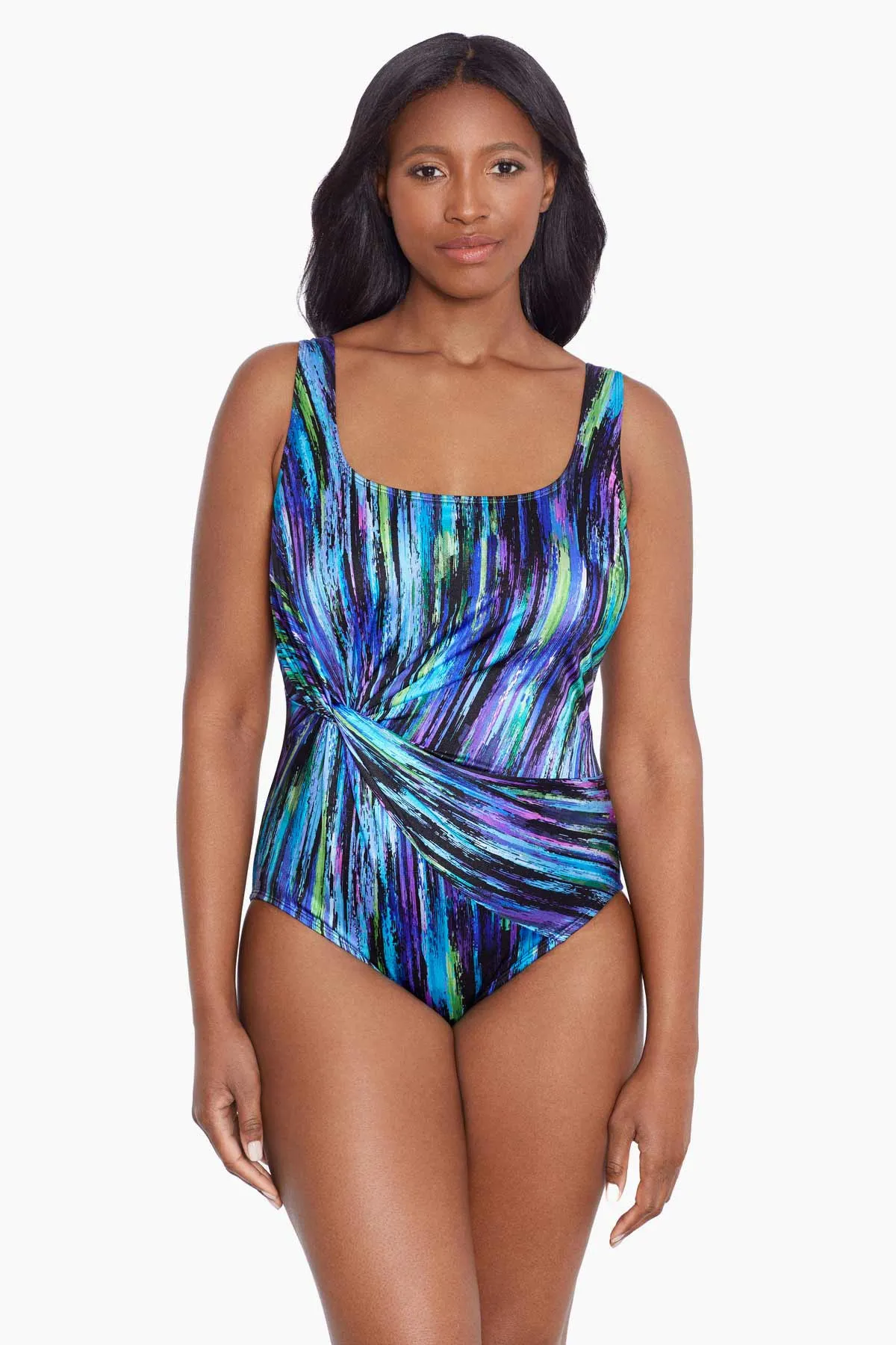 Long Torso Twist Draped One Piece - Brilliant Streaks sold by Longitude