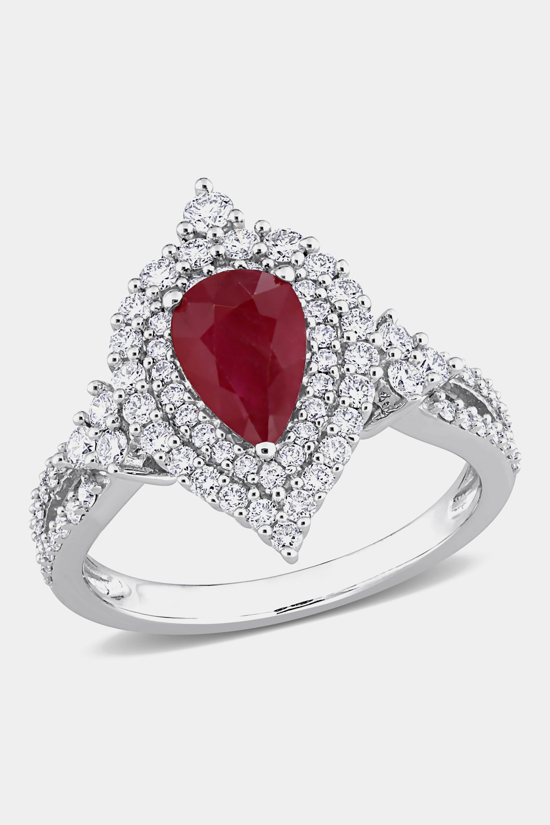 Pear Cut Ruby and Diamond Double Halo Ring in 14K White Gold sold by Lord & Taylor