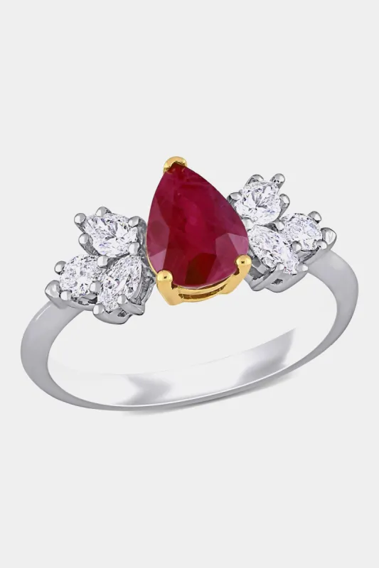 Pear Shape Ruby and Diamond Floral Cluster Ring in 14k White and Yellow Gold sold by Lord & Taylor