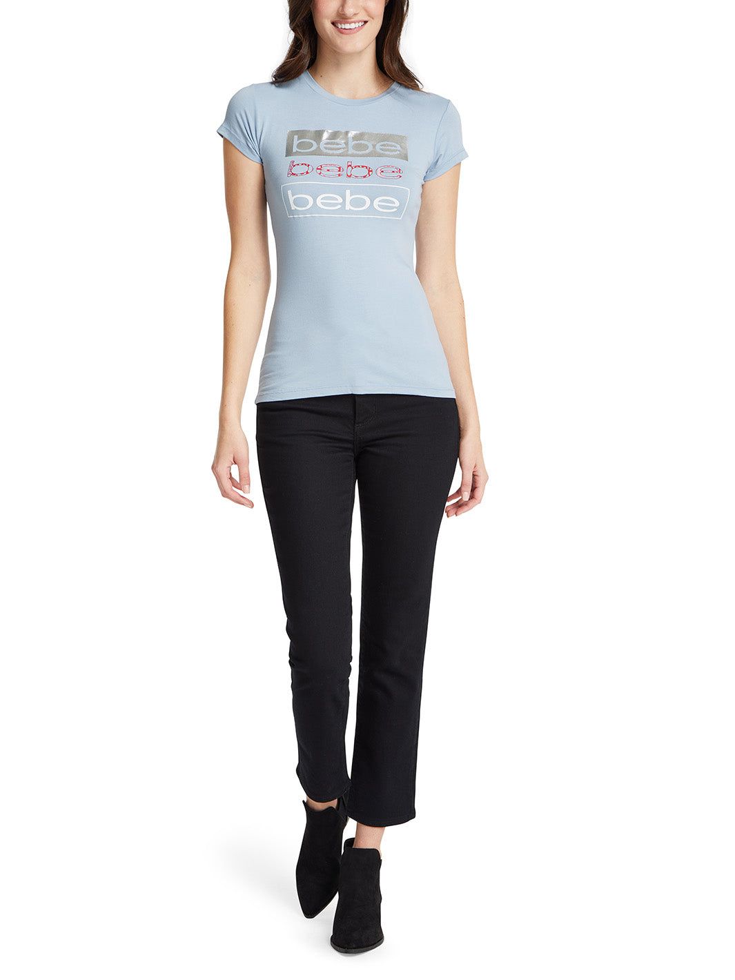 Bebe Dusty Blue Foil Logo Graphic Tee sold by Lord & Taylor