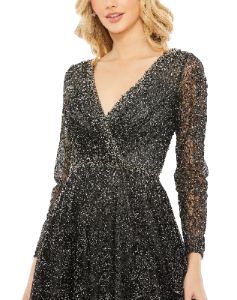 Embellished Illusion Long Sleeve V Neck Gown sold by Lord & Taylor