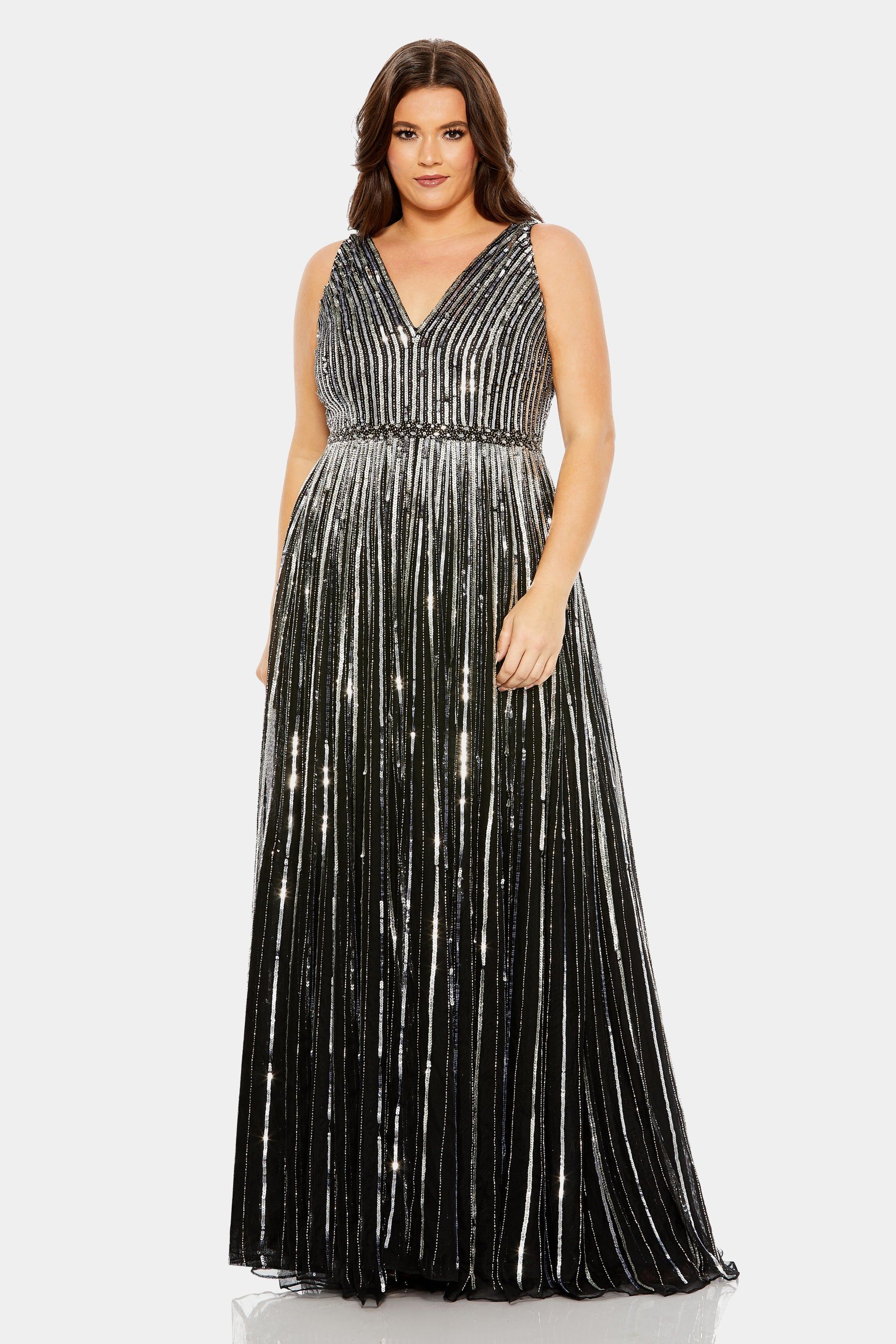 Sequined Striped Sleeveless V Neck A Line Gown sold by Lord & Taylor