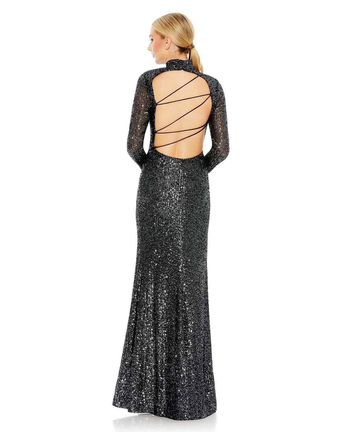 Sequined High Neck Long Sleeve Lace Up Gown sold by Lord & Taylor product image thumbnail 2