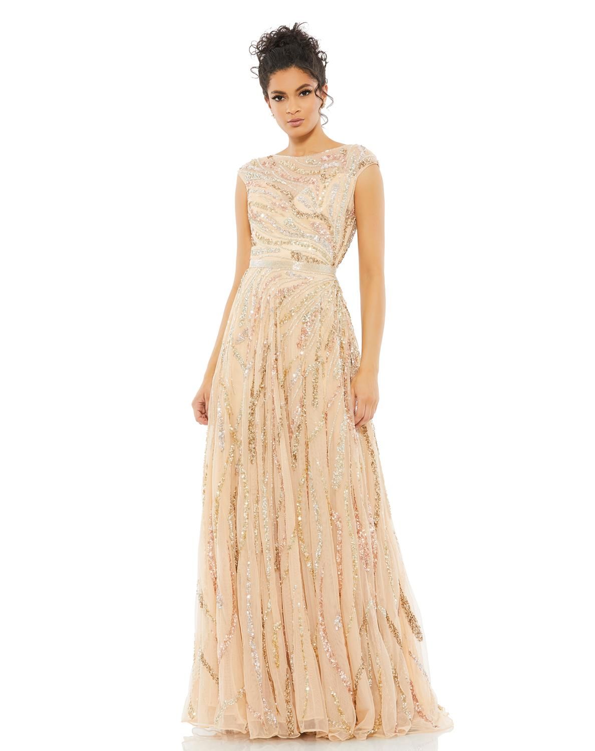 Sequined Ilusion High Neck Cap Sleeve A Line Gown sold by Lord & Taylor product image thumbnail 5