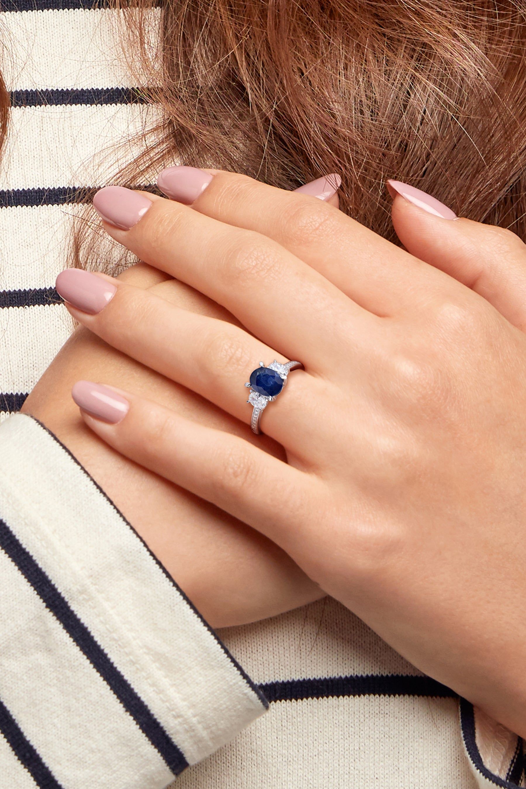 Oval Cut Sapphire and Diamond 3-Stone Ring in 14k White Gold sold by Lord & Taylor product image thumbnail 4