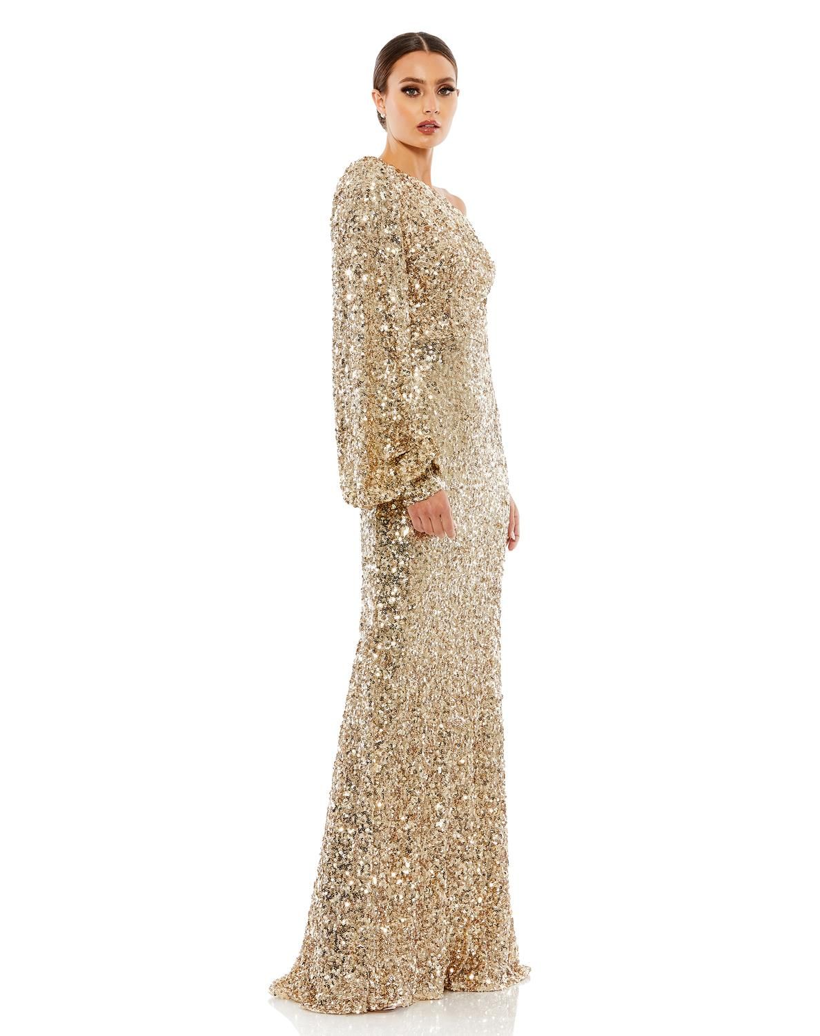 Sequined One Shoulder Bishop Sleeve Trumpet Gown sold by Lord & Taylor product image thumbnail 2