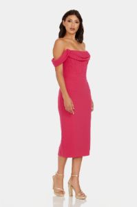 Vickie Off The Shoulder Exposed Boning Draped Bodycon Midi Dress sold by Lord & Taylor