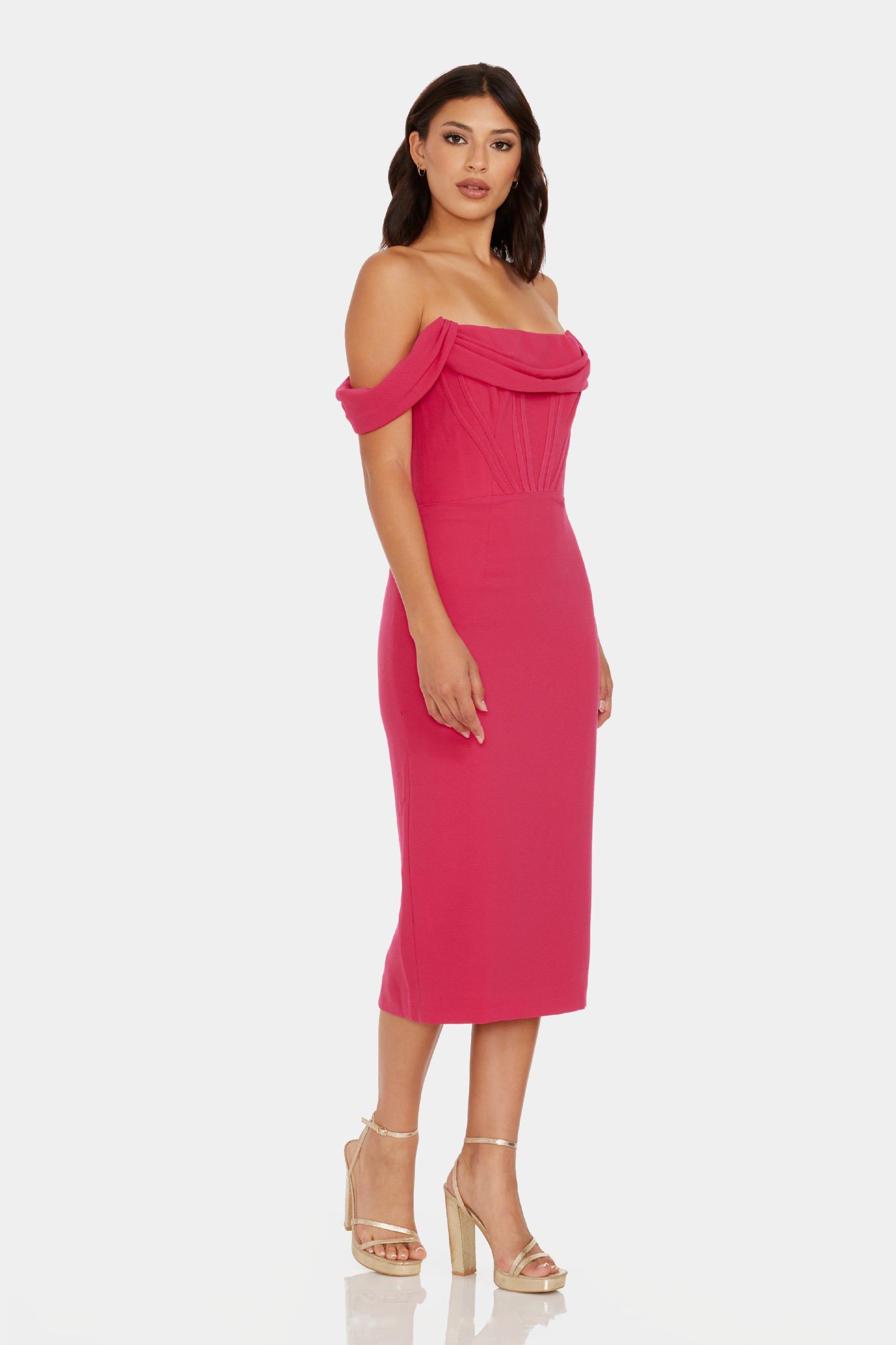 Vickie Off The Shoulder Exposed Boning Draped Bodycon Midi Dress sold by Lord & Taylor product image thumbnail 4