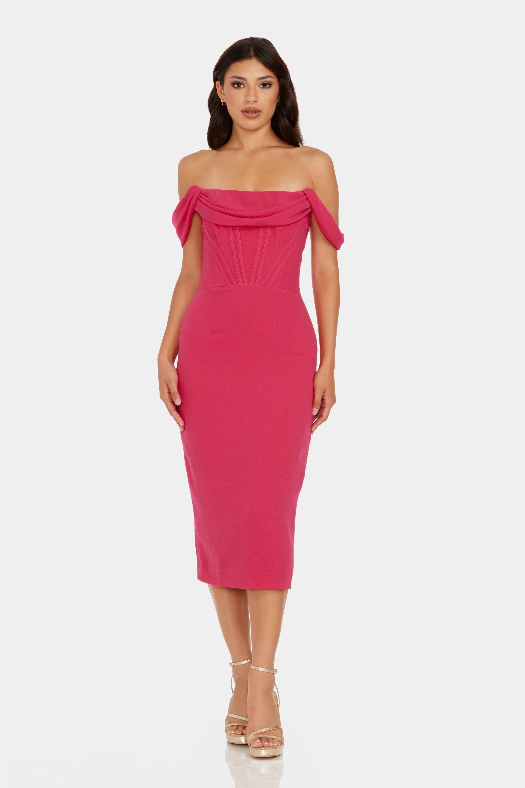 Vickie Off The Shoulder Exposed Boning Draped Bodycon Midi Dress sold by Lord & Taylor