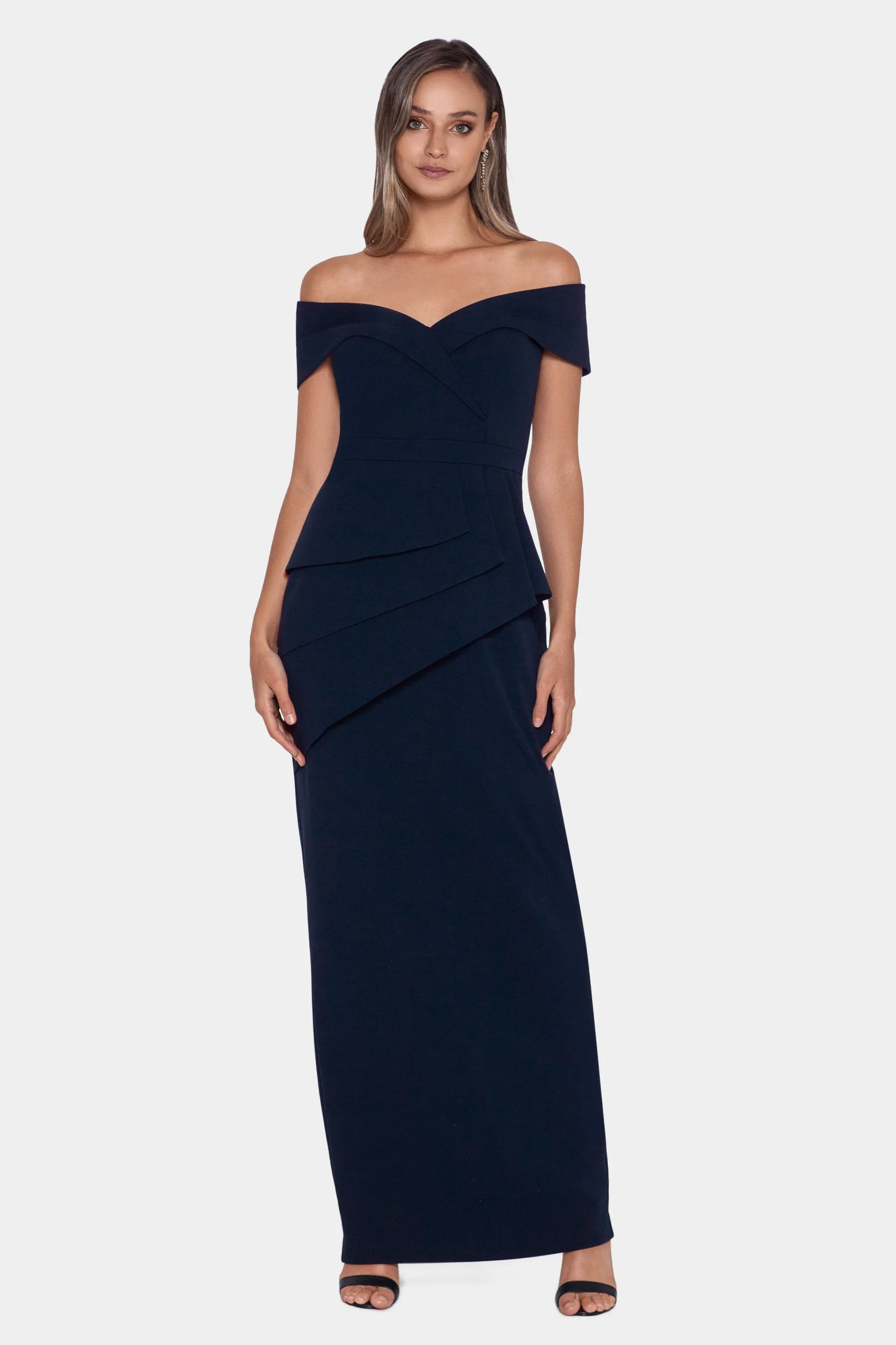 Long Scuba Crepe Off the Shoulder Peplum Dress sold by Lord & Taylor