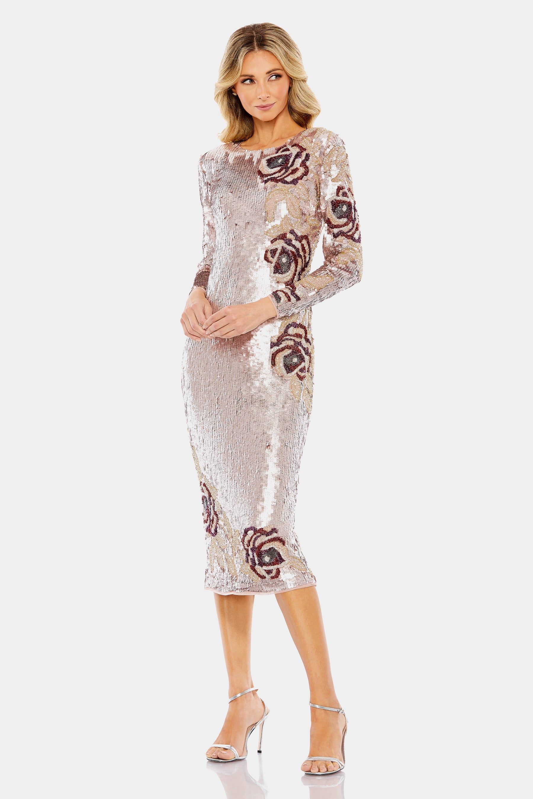 Sequin Asymmetrical Floral Long Sleeve Midi Dress sold by Lord & Taylor