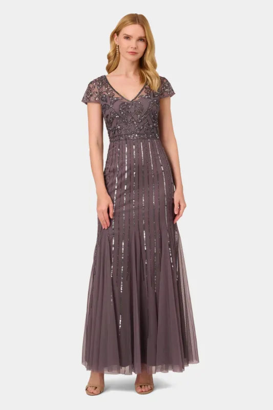 Cap Sleeve Embellished Godet Hem Gown sold by Lord & Taylor