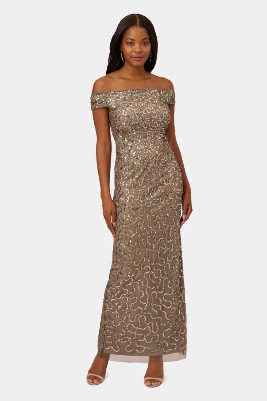 Off the Shoulder Gold Beaded Gown sold by Lord & Taylor