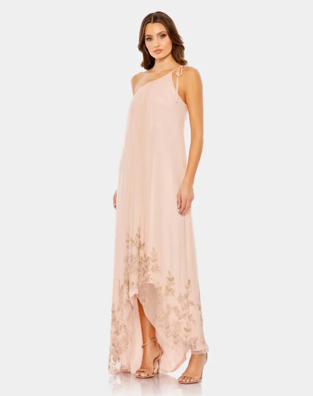 Flowy One Shoulder Asymmetrical Beaded Gown sold by Lord & Taylor