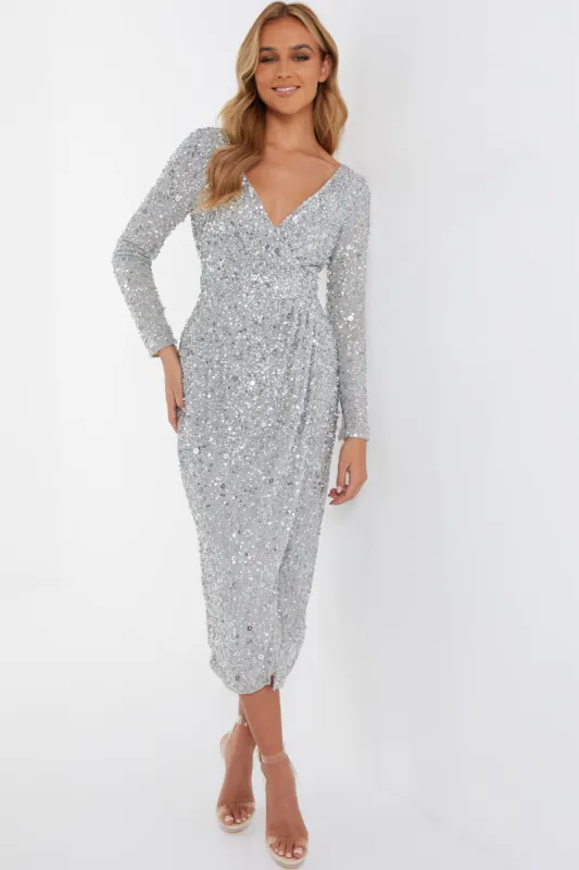 Long Sleeve Surplice Tulip Hem Sequin Midi Dress sold by Lord & Taylor