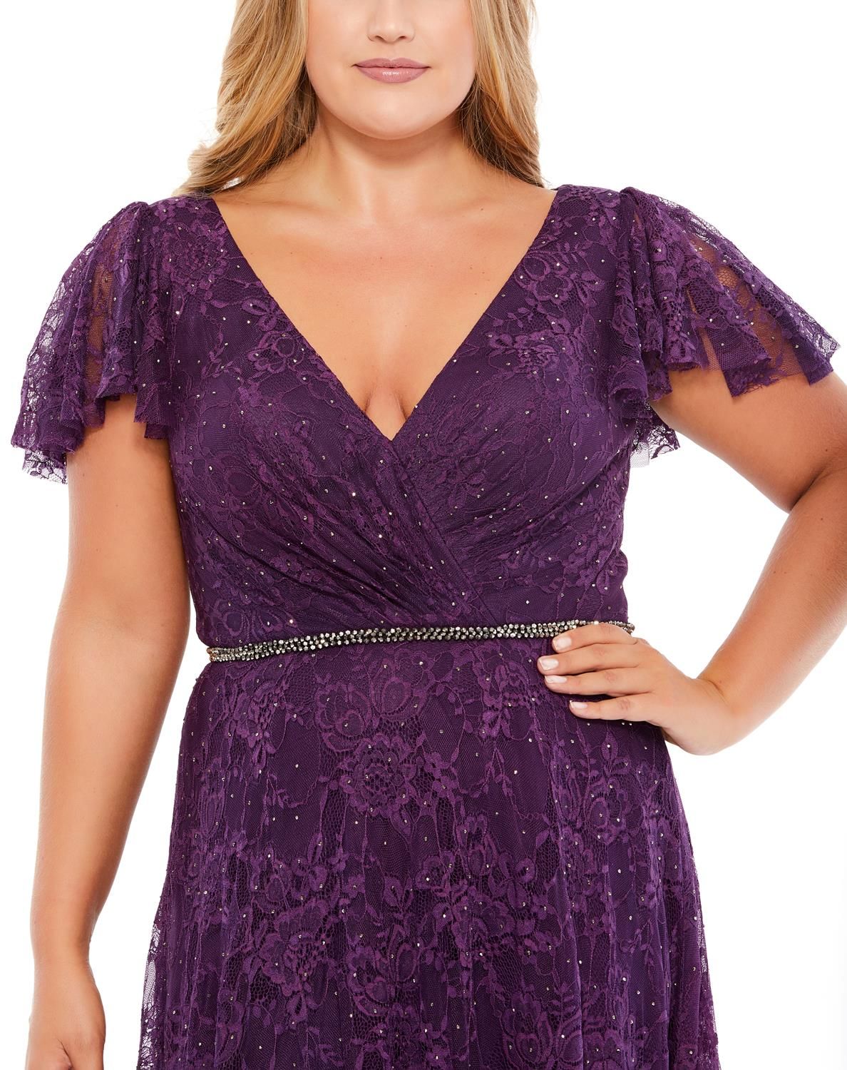 Short Sleeve V-Neck A-Line Lace Gown sold by Lord & Taylor product image thumbnail 3