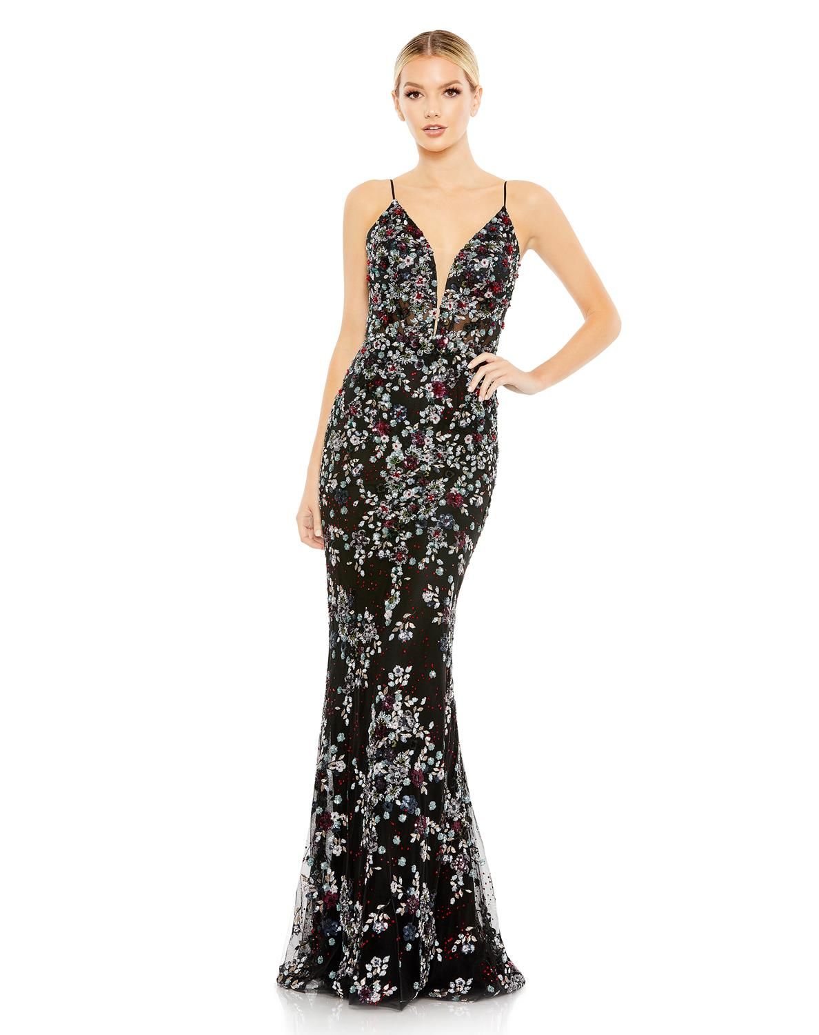 Embellished Plunge Neck Sleeveless Gown sold by Lord & Taylor