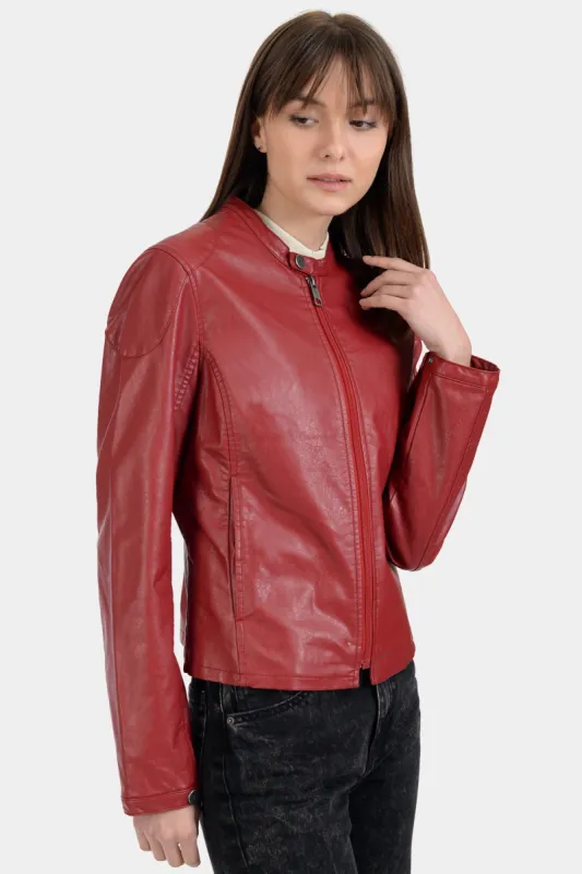 Long Sleeve Red Cafe Racer Leather Jacket sold by Lord & Taylor
