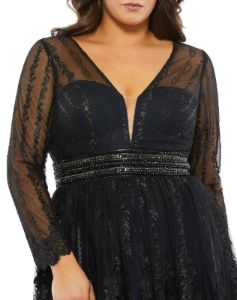 Lace Illusion Long Sleeve Plunge Neck Midi Dress sold by Lord & Taylor