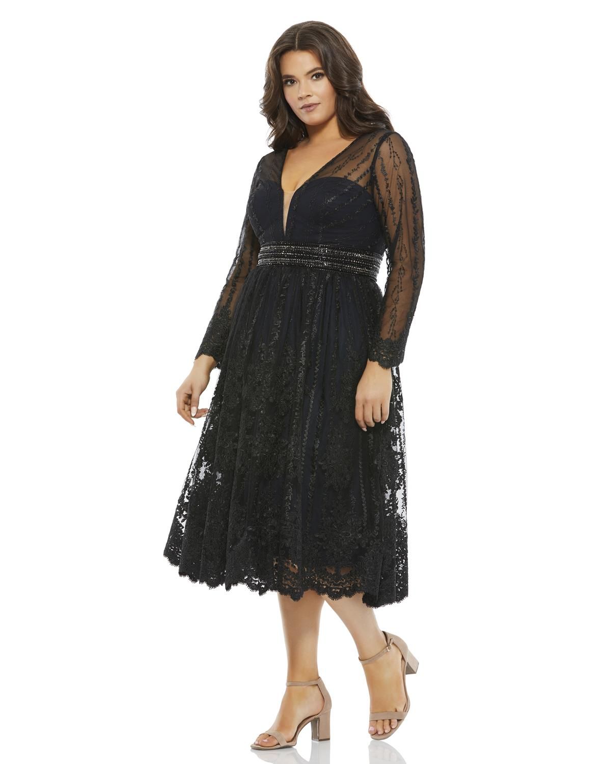 Lace Illusion Long Sleeve Plunge Neck Midi Dress sold by Lord & Taylor product image thumbnail 5