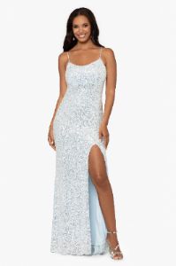 Long Sequin Spaghetti Srap Slit sold by Lord & Taylor