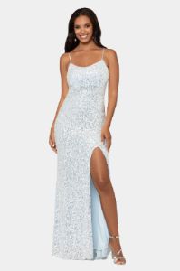 Long Sequin Spaghetti Srap Slit sold by Lord & Taylor