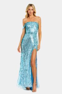 One Shoulder Mesh Sequin Slit Gown sold by Lord & Taylor