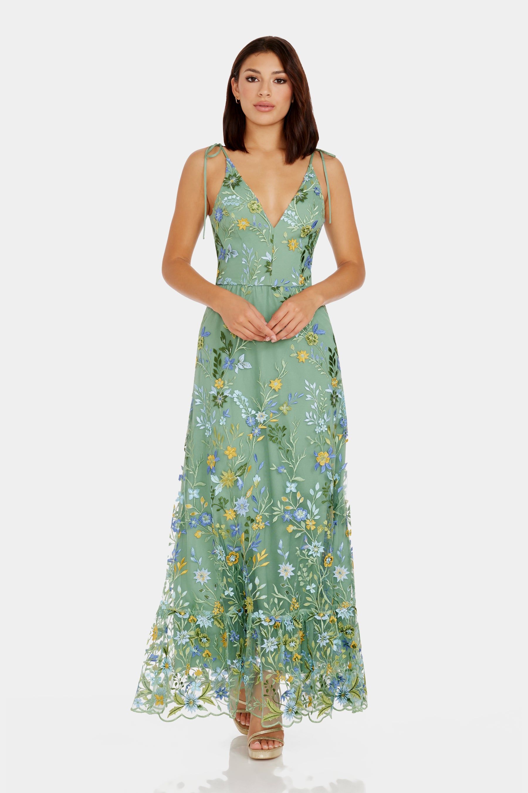 Sunny Sleeveless V Neck Ruffle Hem Maxi Dress sold by Lord & Taylor