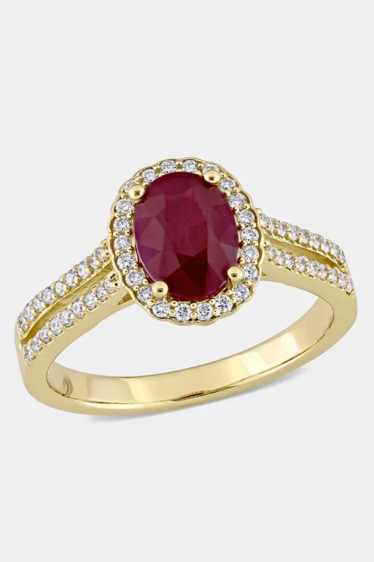 Oval Ruby and Diamond Floral Halo Double Row Ring  in 14k Yellow Gold sold by Lord & Taylor
