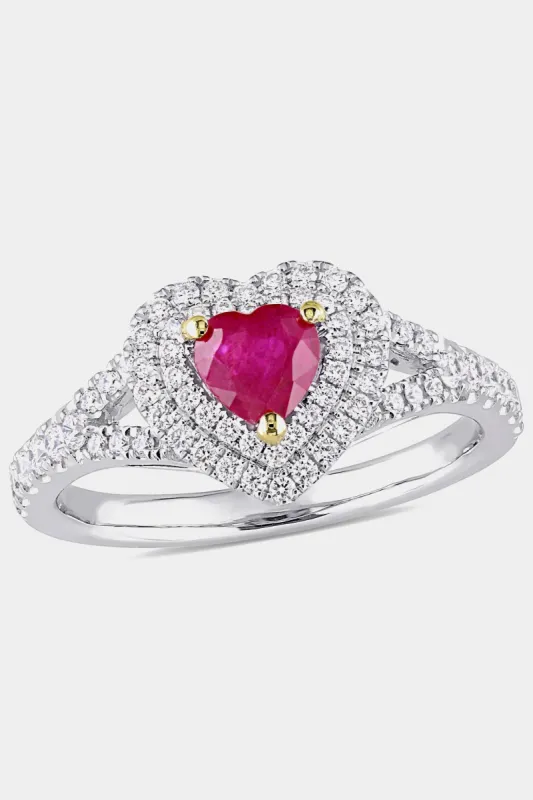 Ruby and Diamond Heart Double Halo Ring in 14k White Gold with Yellow Gold Prongs sold by Lord & Taylor