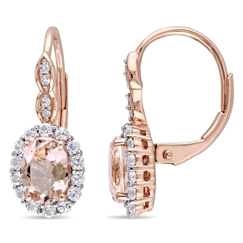 Morganite, White Topaz and Diamond Accent Oval Vintage Halo Earrings made by Lord & Taylor