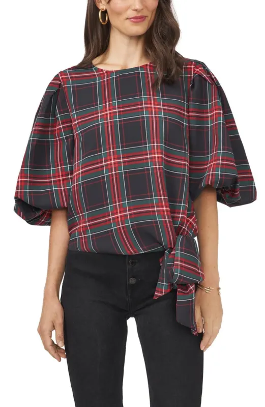 Puff Sleeve Side Tie Plaid Blouse sold by Lord & Taylor