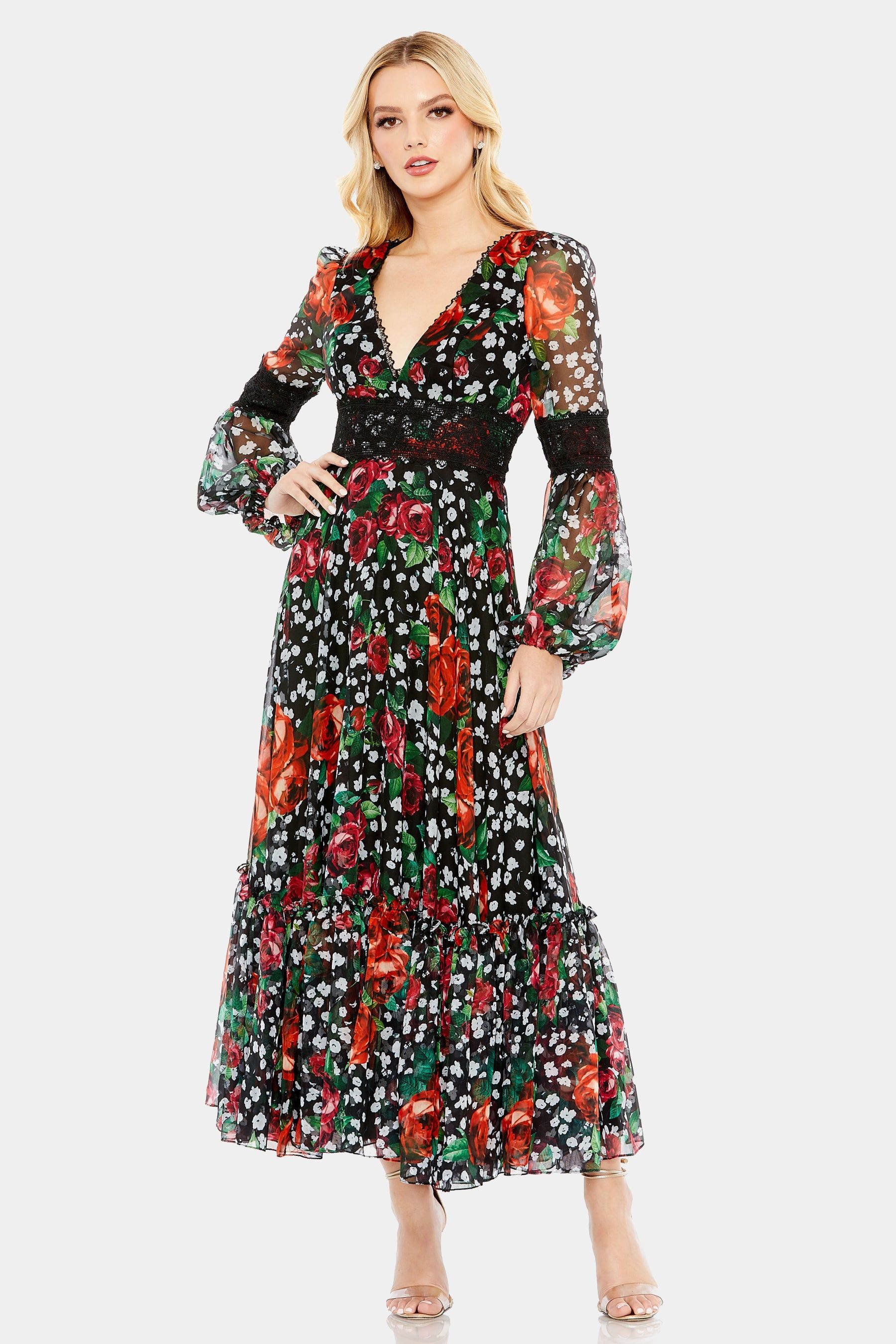 V-Neck Floral Long Puff Sleeve Ruffle Dress sold by Lord & Taylor