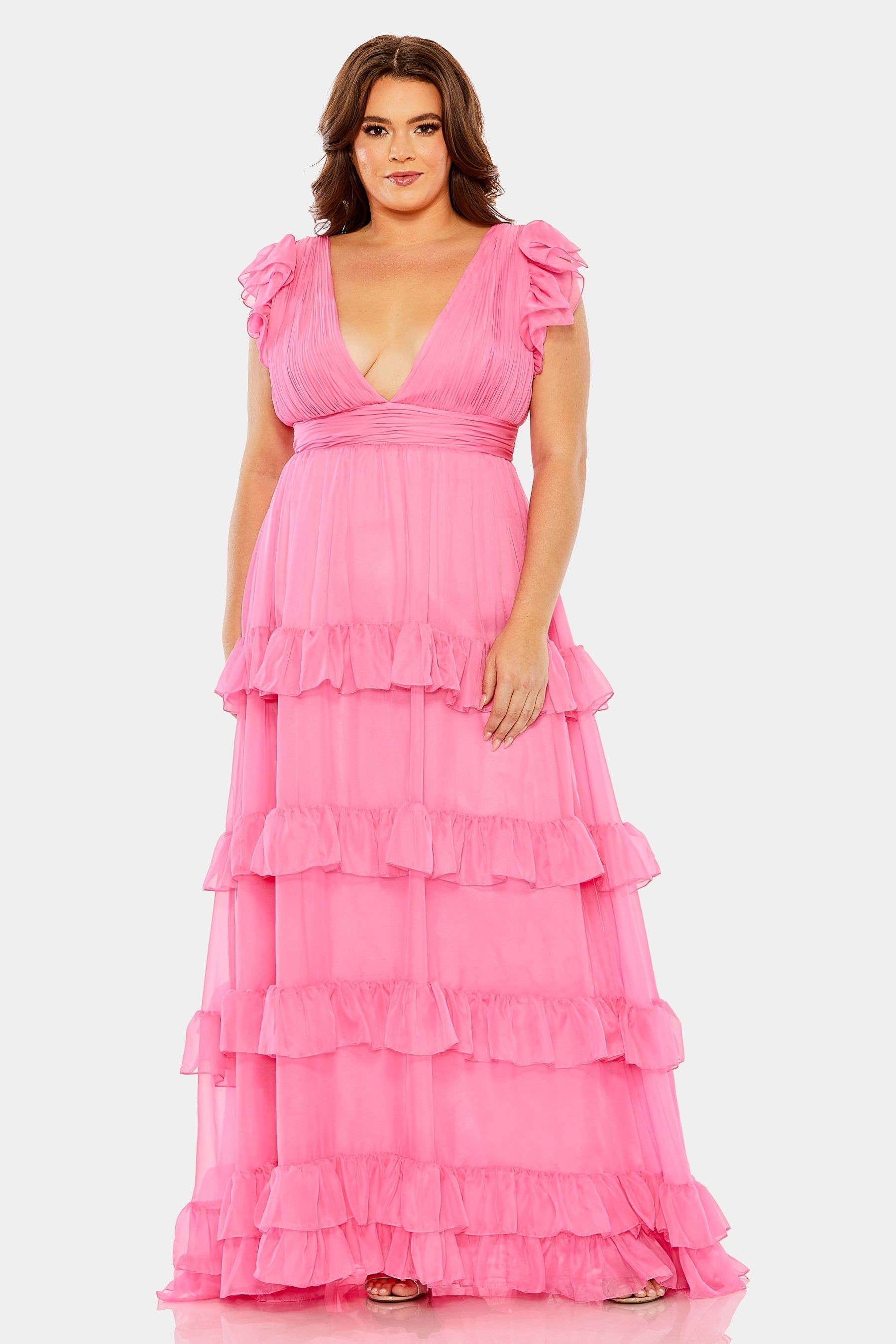 Tiered v-neckline ruched gown sold by Lord & Taylor
