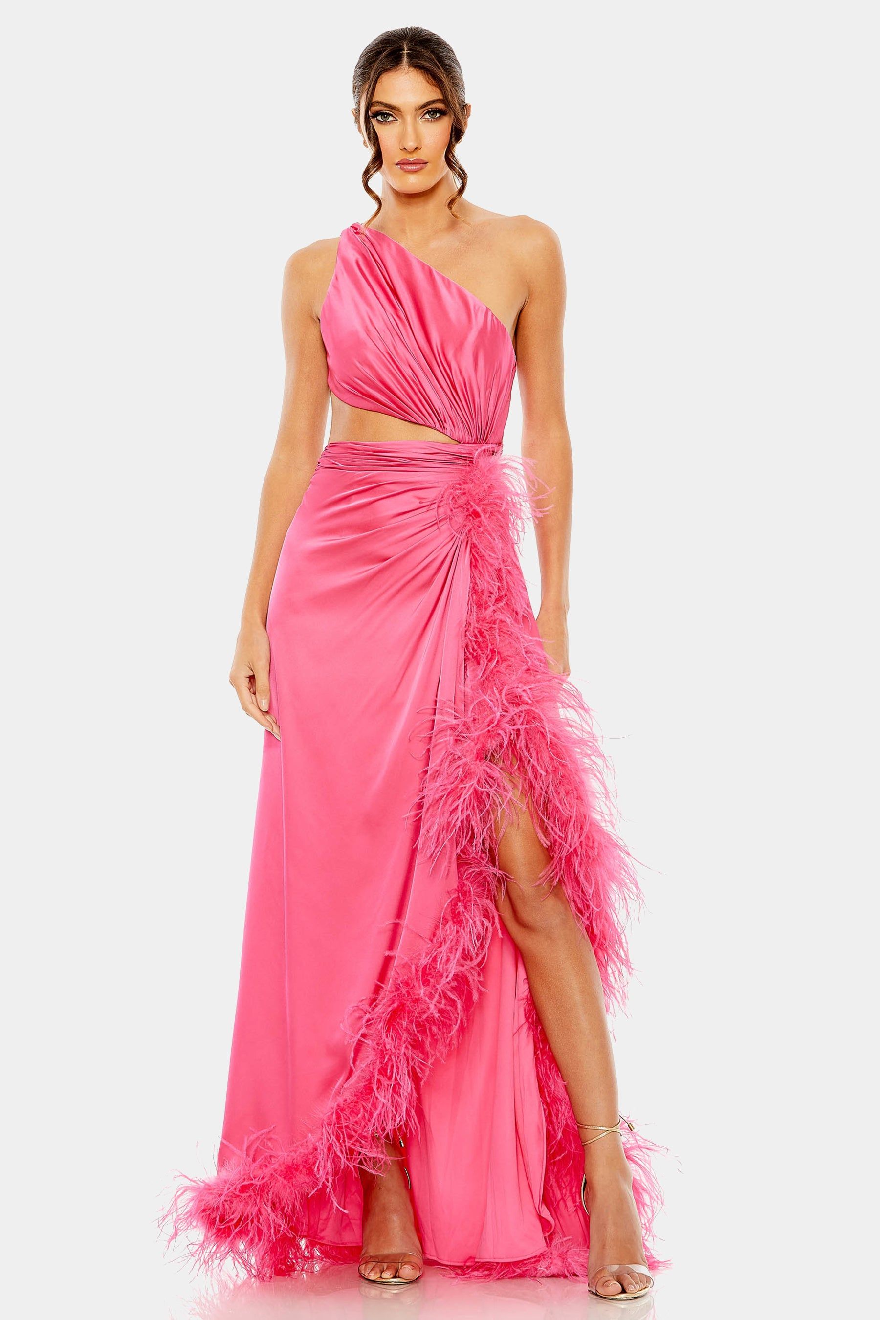 One Shoulder Key Hold Detail Feather Lining Gown sold by Lord & Taylor