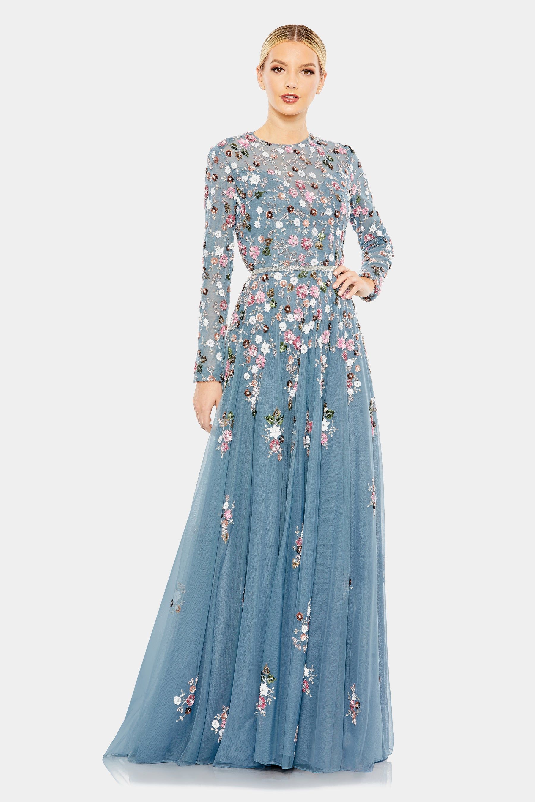 Sequined Floral Long Sleeve High Neck Gown sold by Lord & Taylor