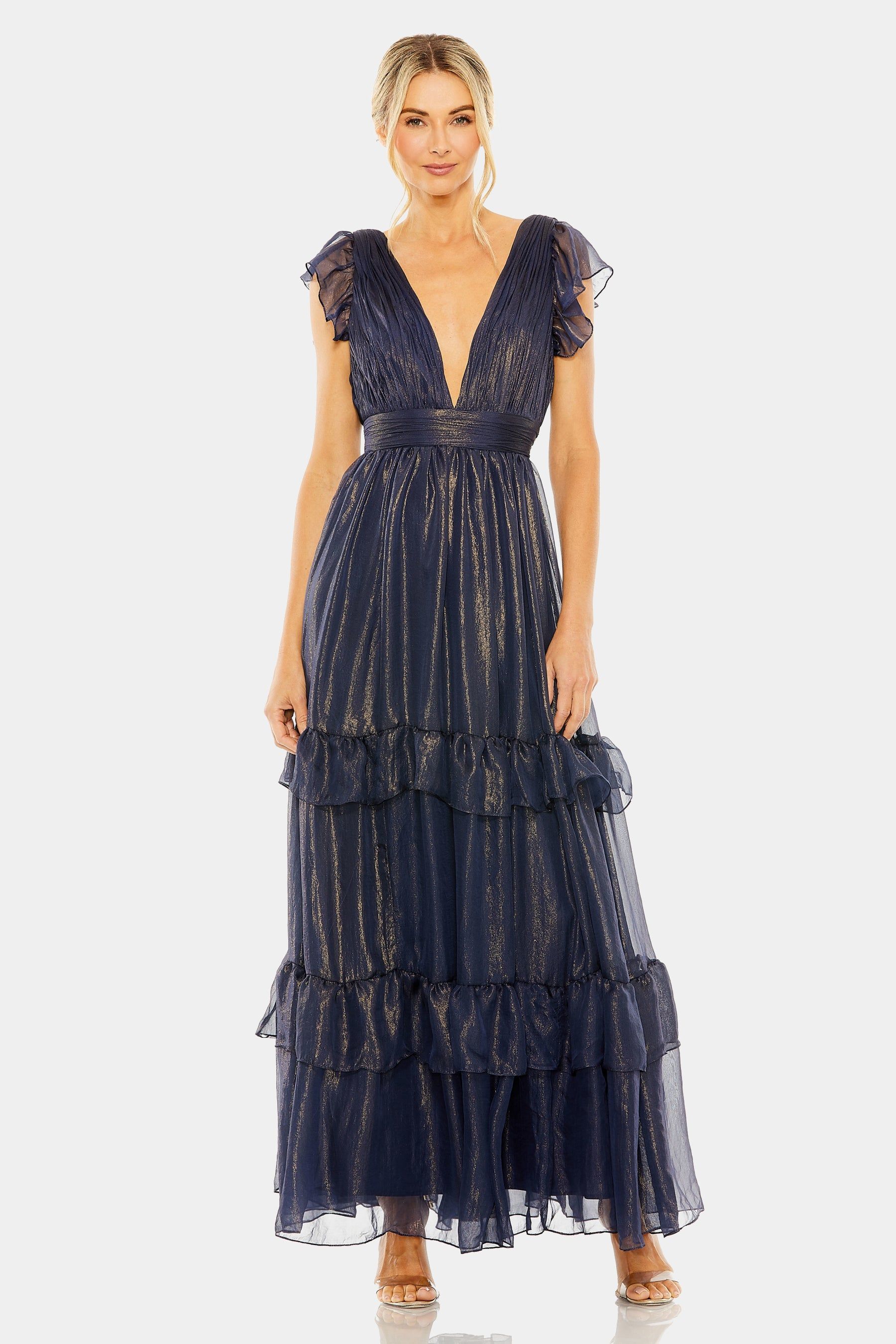 Flutter Sleeve Deep V Tiered Ruffle Gown sold by Lord & Taylor