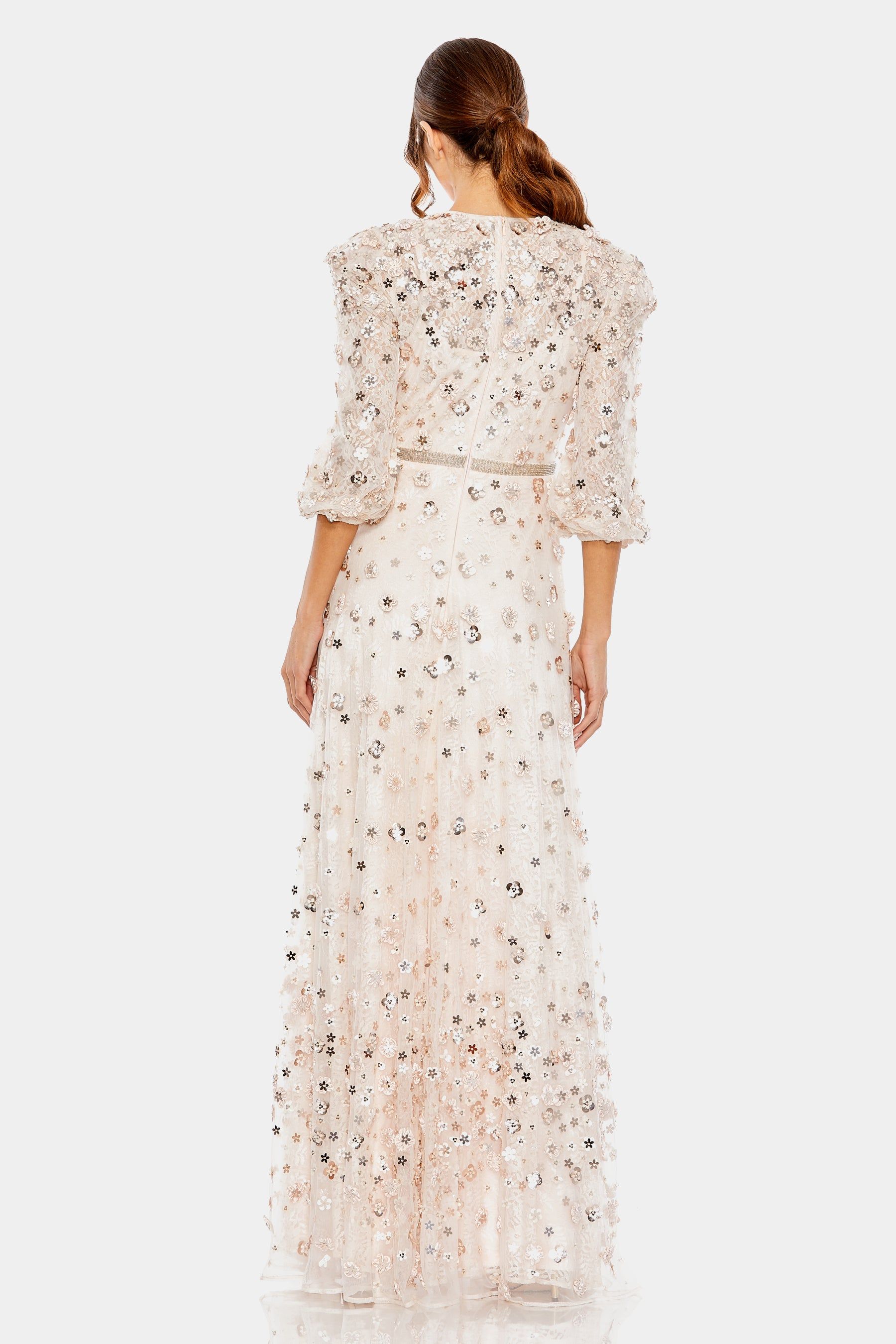 Floral Applique Puff Sleeve High Neck A-Line Gown sold by Lord & Taylor