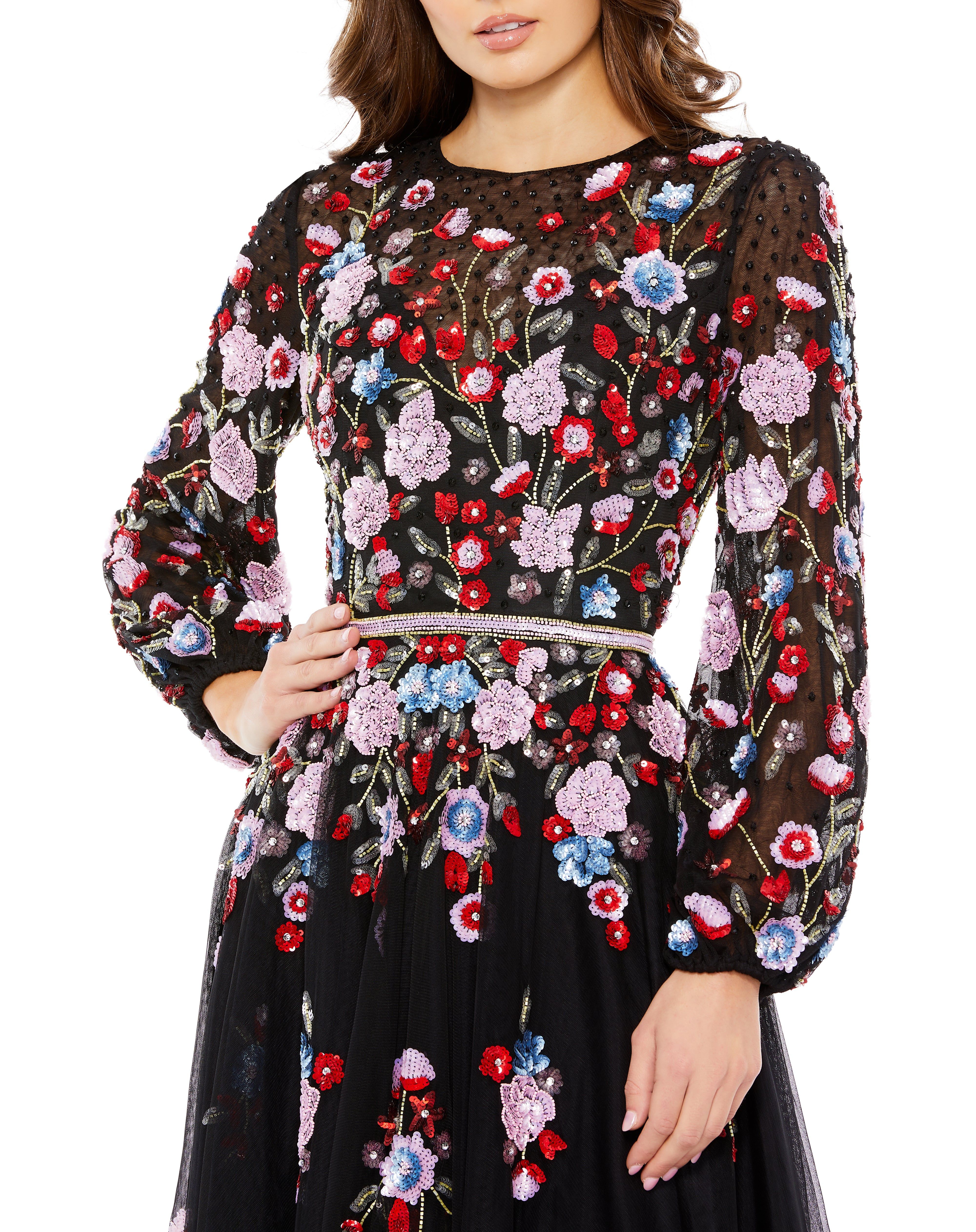 Sequined Floral High Neck Puff Sleeve Midi Dress sold by Lord & Taylor product image thumbnail 3