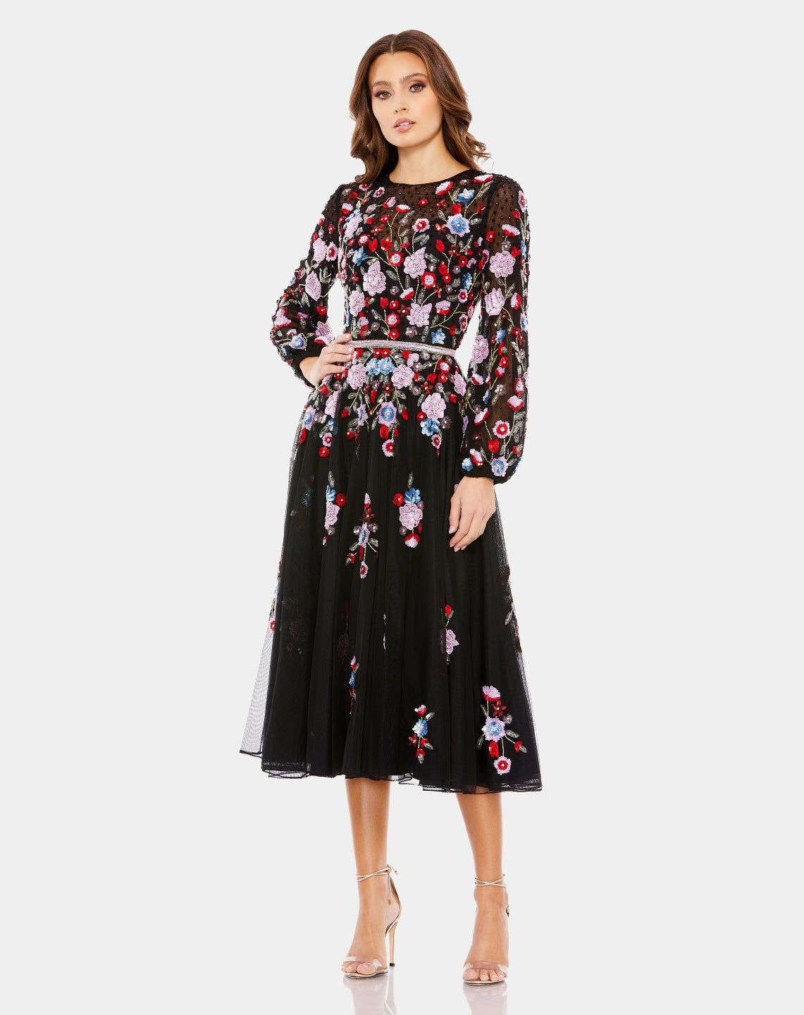 Sequined Floral High Neck Puff Sleeve Midi Dress sold by Lord & Taylor