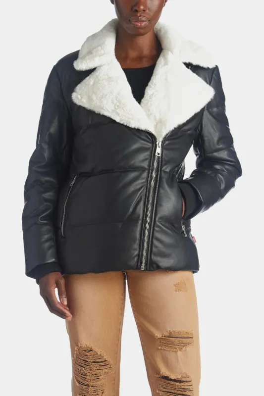 Asymmetrical Vegan Leather Moto Puffer sold by Lord & Taylor