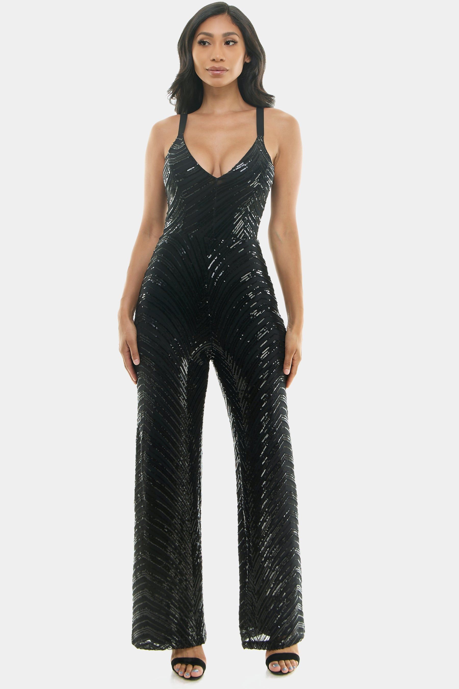 Sleeveless V Neck Chevron Sequin Jumpsuit sold by Lord & Taylor