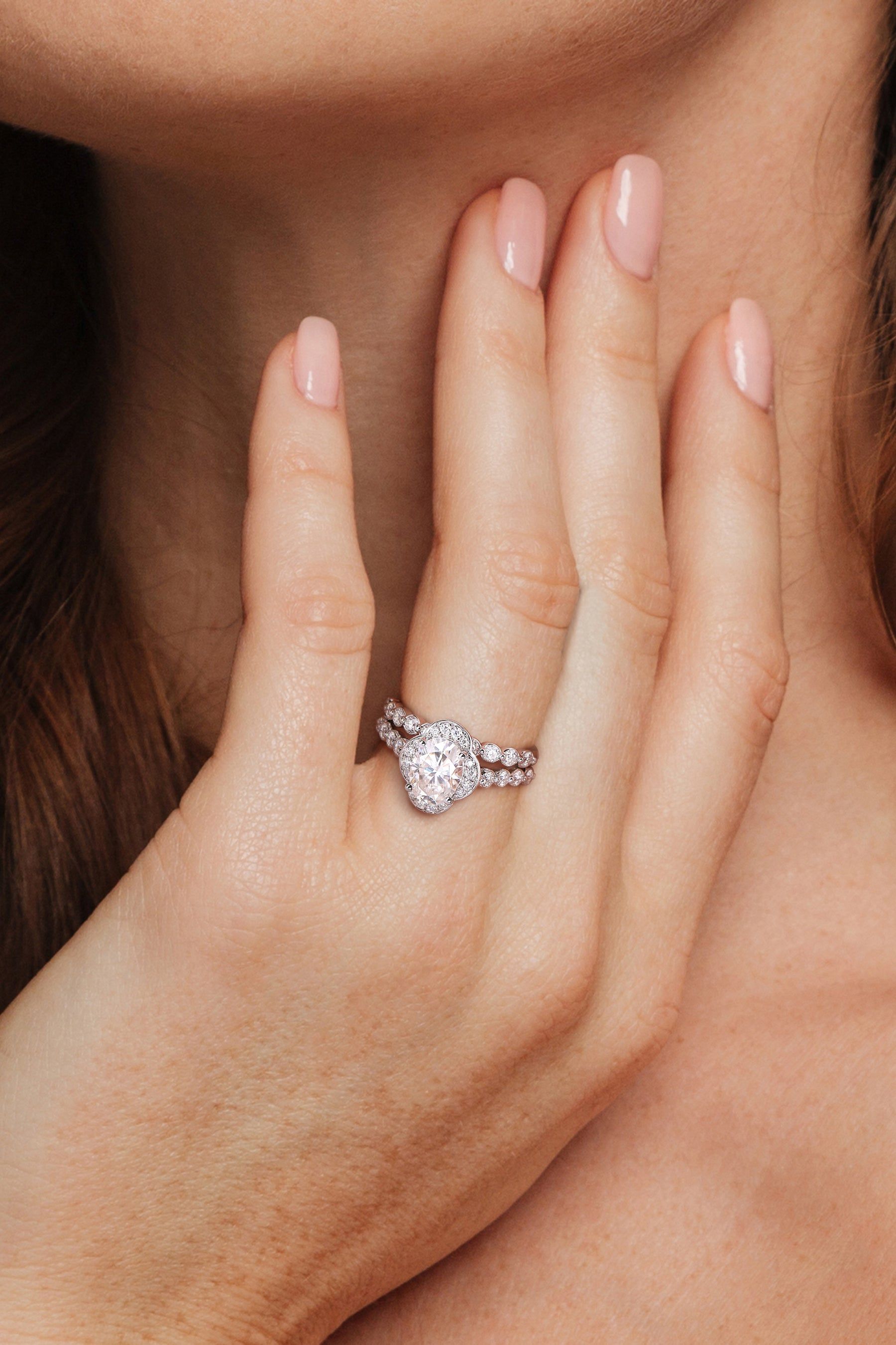 Moissanite Cluster Halo Bridal Ring Set in Sterling Silver sold by Lord & Taylor product image thumbnail 5